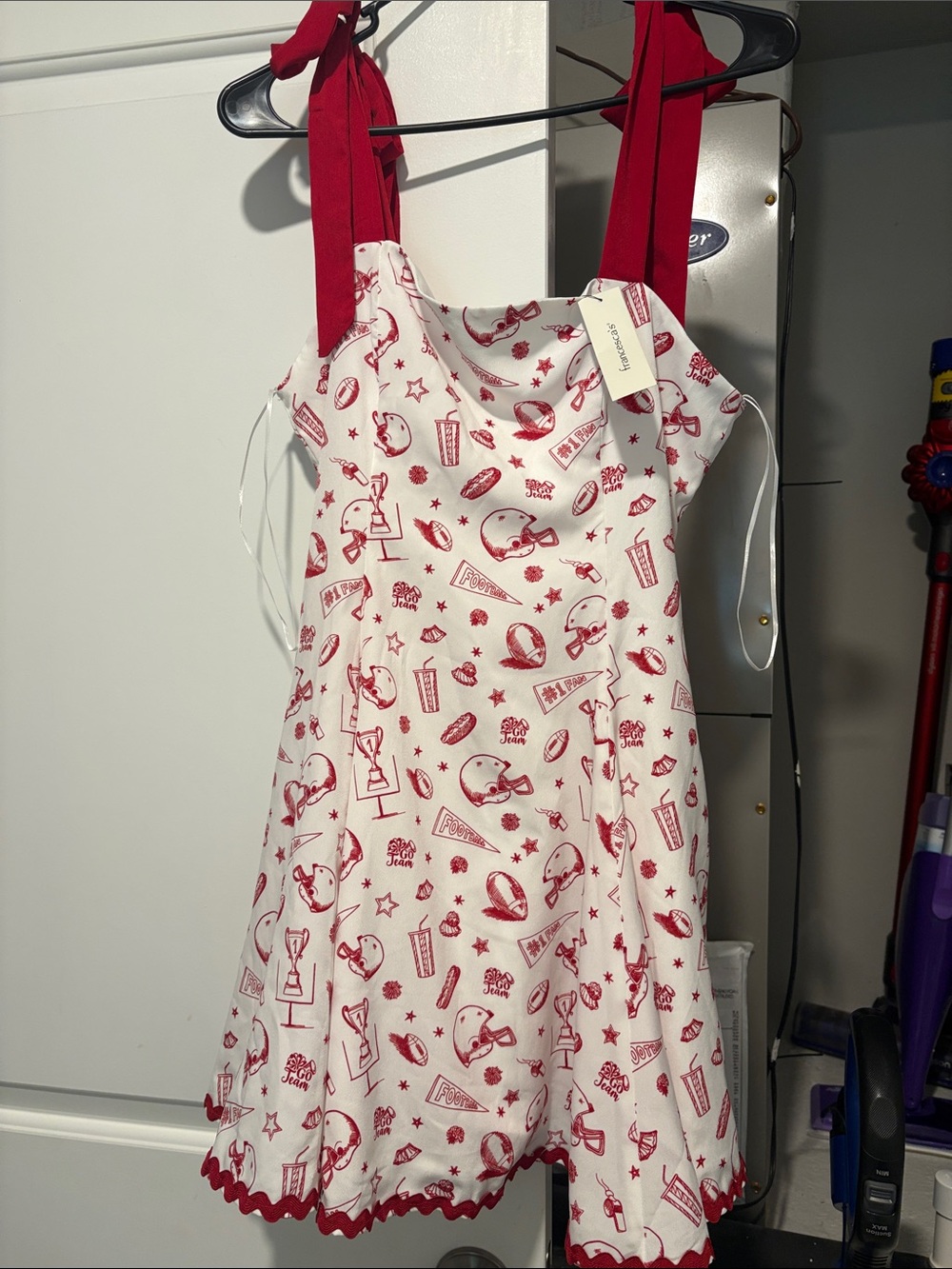 Francesca's Collections White Dress with Red Sports Print and Red Tie Straps